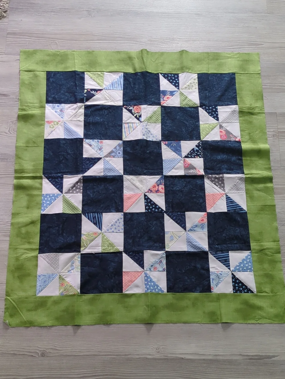 Handmade Unfinished Quilt Top UFO Blue Green Pinwheel Patchwork 41 x 35.5